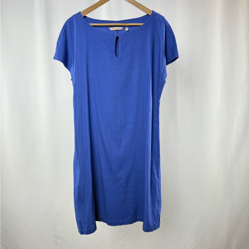 Soft Surroundings Linen Blend Keyhole Short Sleeve Dress in Blue Size Medium